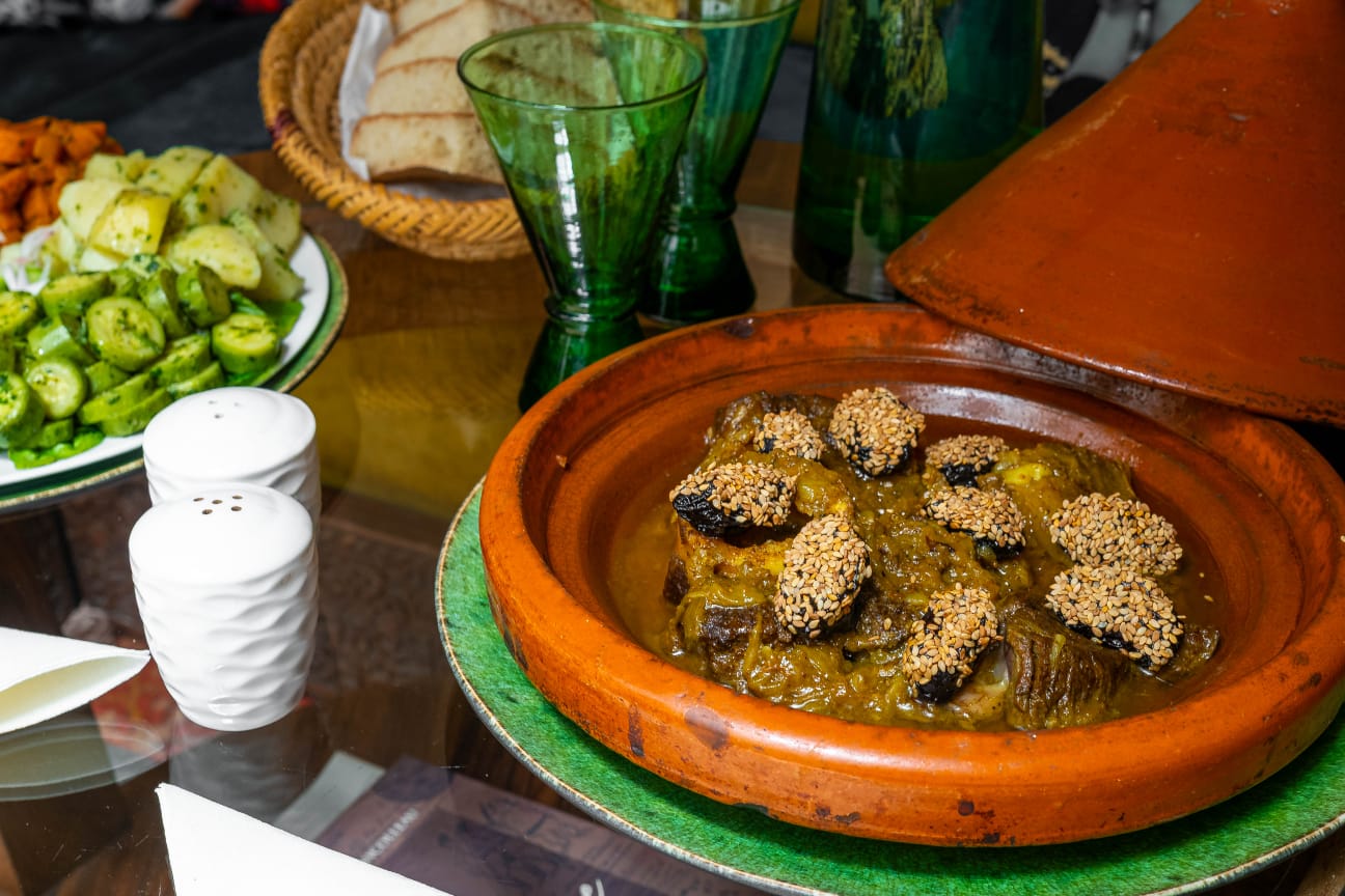 Tagine and Moroccan side dishes, Riad Dar Alhambra Marrakech